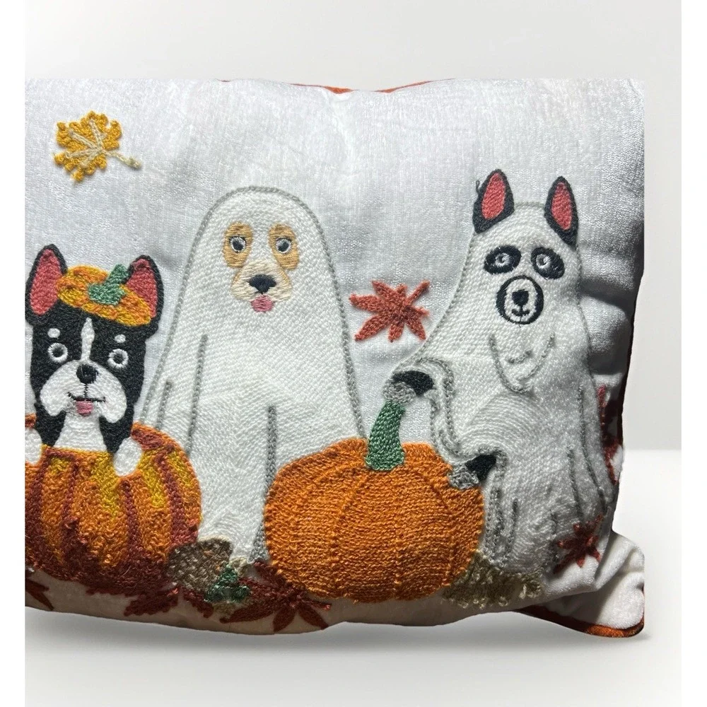 Dogs In Costumes Halloween Pillow Ghosts 12x18 Lumbar Trick or Treat Fall Leaves